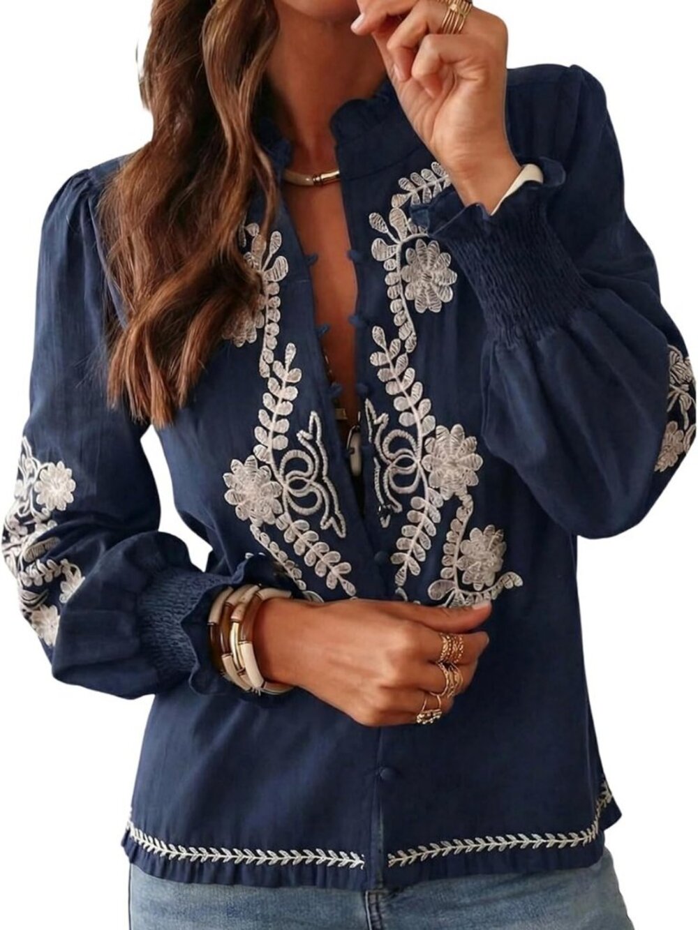 Vintage Floral Embroidered Peasant Blouse | Button-Up Shirt for Women